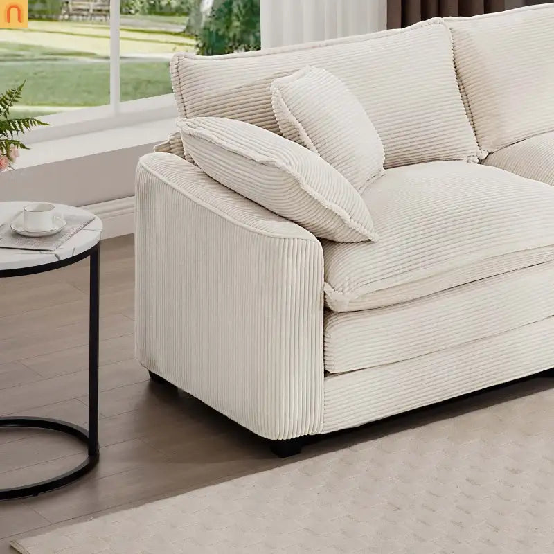 Sofa Set Corduroy Beige Deep Seat 2-Piece Retro Modern