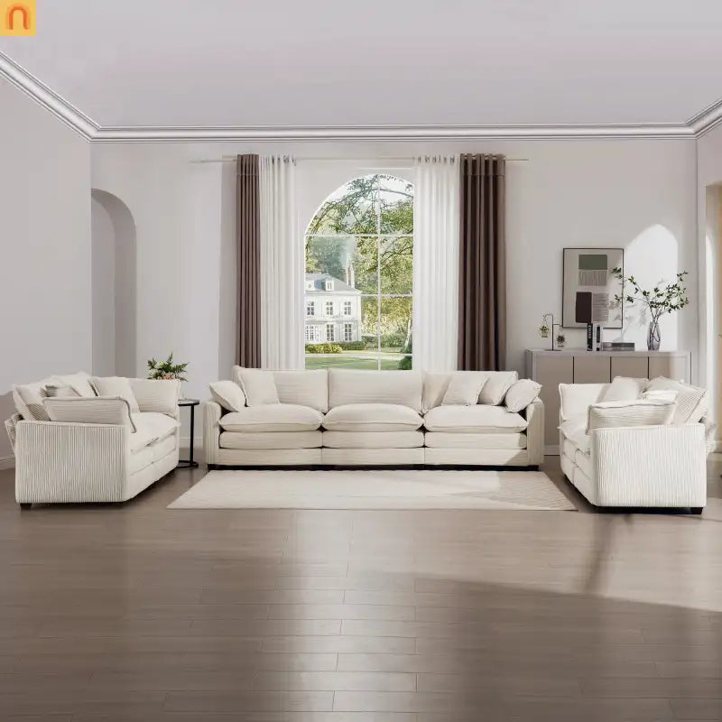 Sofa Set Corduroy Beige Deep Seat 2-Piece Retro Modern