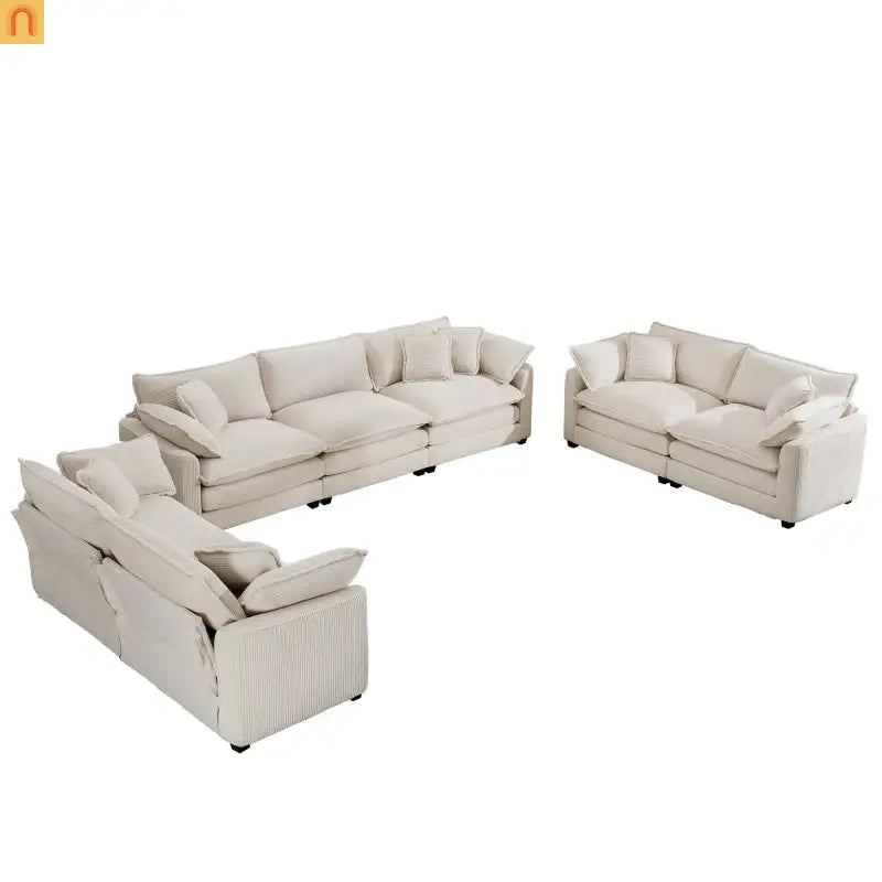 Sofa Set Corduroy Beige Deep Seat 2-Piece Retro Modern