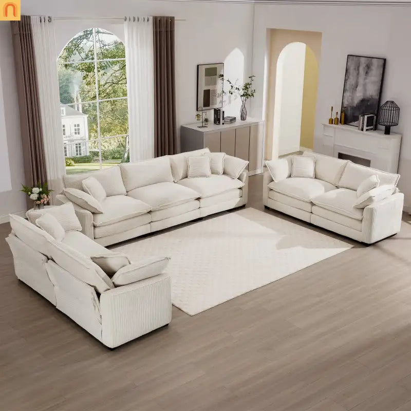 Sofa Set Corduroy Beige Deep Seat 2-Piece Retro Modern