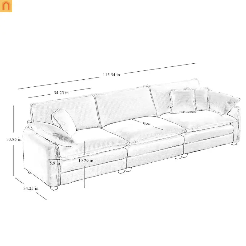 Sofa Set Deep Seat Corduroy Gray 7-Seat 3-Piece Retro Style