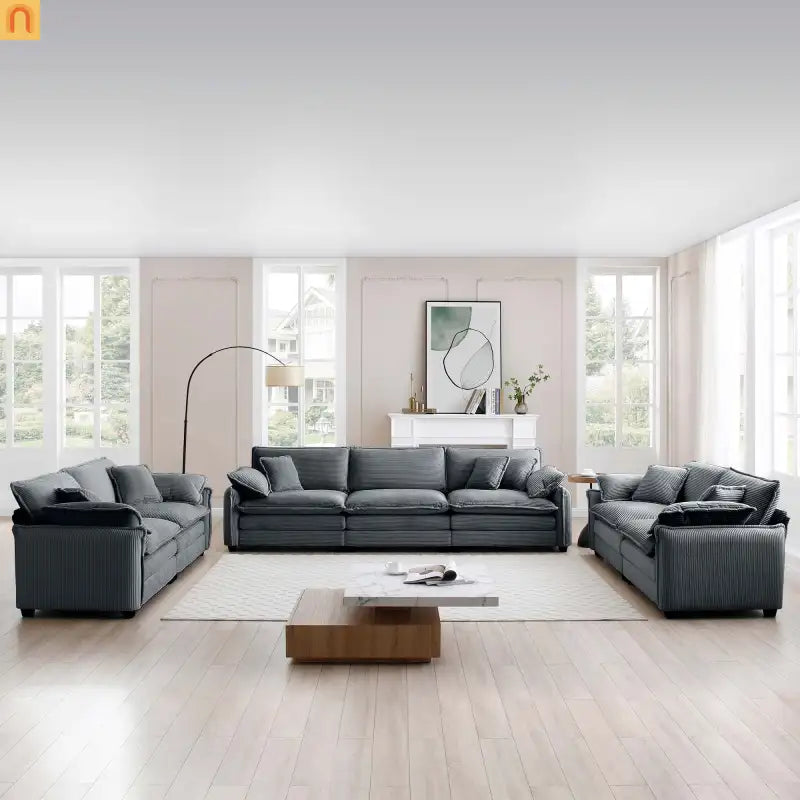Sofa Set Deep Seat Corduroy Gray 7-Seat 3-Piece Retro Style