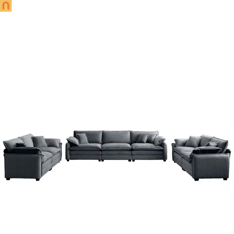 Sofa Set Deep Seat Corduroy Gray 7-Seat 3-Piece Retro Style