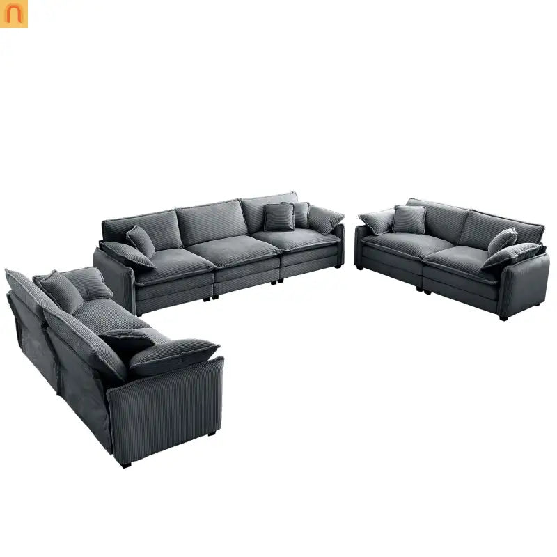 Sofa Set Deep Seat Corduroy Gray 7-Seat 3-Piece Retro Style