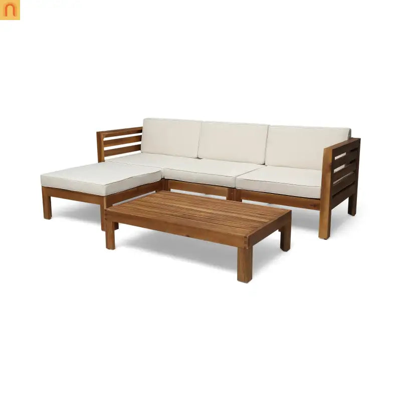 Outdoor Sofa Set Acacia Wood Teak Beige Cushions 5-Piece