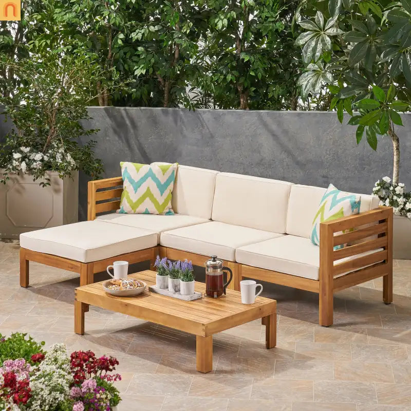 Outdoor Sofa Set Acacia Wood Teak Beige Cushions 5-Piece