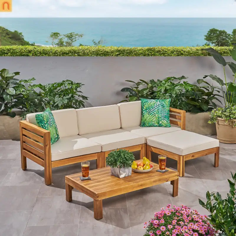 Outdoor Sofa Set Acacia Wood Teak Beige Cushions 5-Piece
