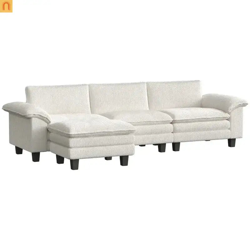 Sofa L-Shape Corduroy Beige 4-Seat with Ottoman 124.4in