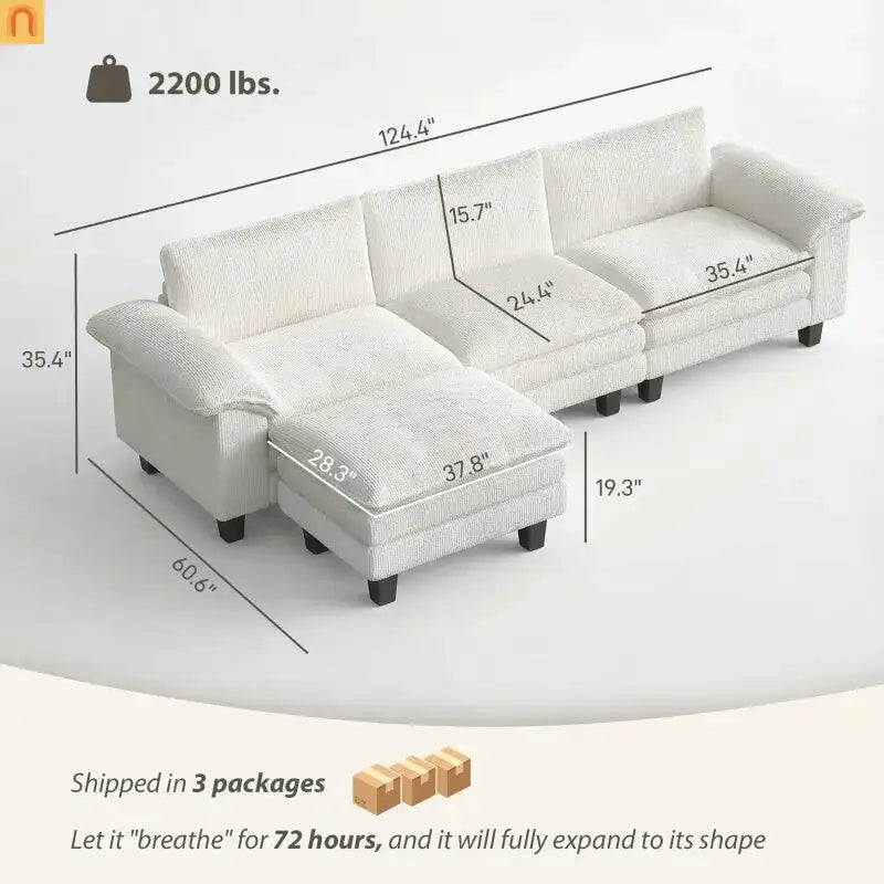 Sofa L-Shape Corduroy Beige 4-Seat with Ottoman 124.4in