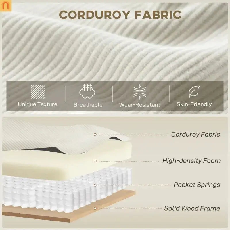 Sofa L-Shape Corduroy Beige 4-Seat with Ottoman 124.4in
