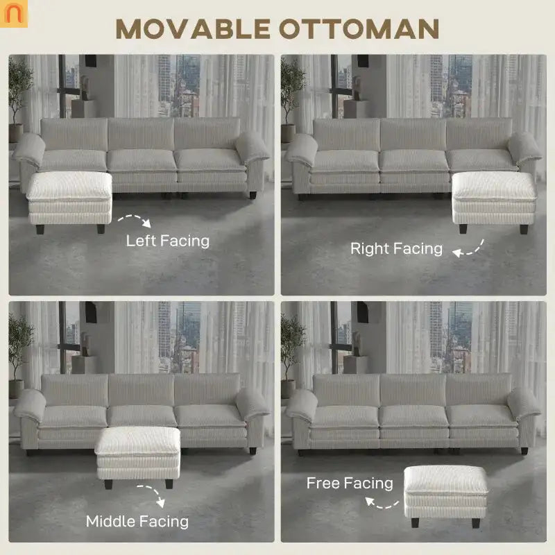 Sofa L-Shape Corduroy Beige 4-Seat with Ottoman 124.4in