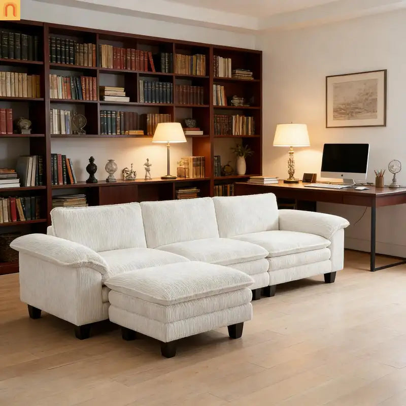Sofa L-Shape Corduroy Beige 4-Seat with Ottoman 124.4in