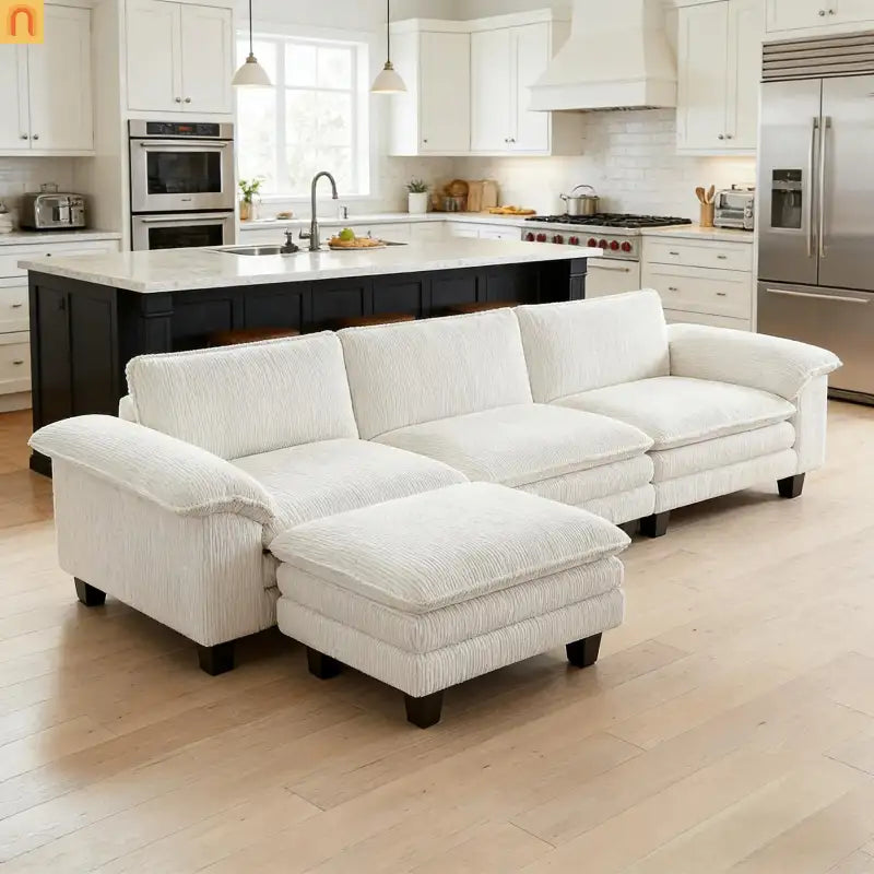 Sofa L-Shape Corduroy Beige 4-Seat with Ottoman 124.4in