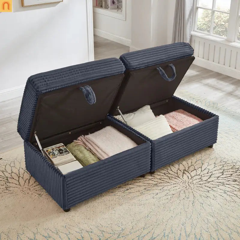 Sofa L-Shape Corduroy Dark Gray USB Charging Storage Ottoman
