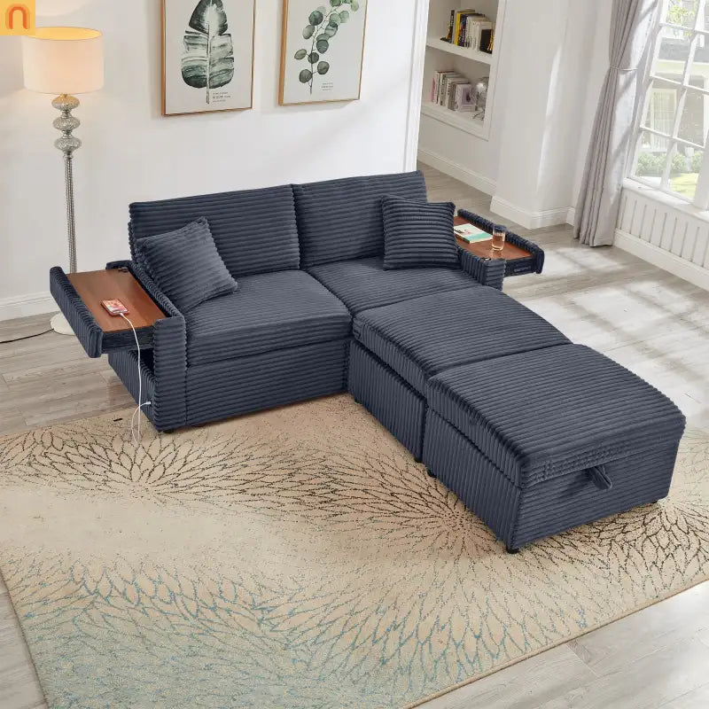 Sofa L-Shape Corduroy Dark Gray USB Charging Storage Ottoman