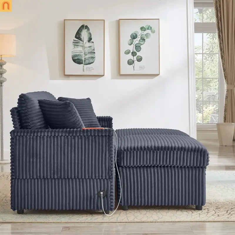 Sofa L-Shape Corduroy Dark Gray USB Charging Storage Ottoman
