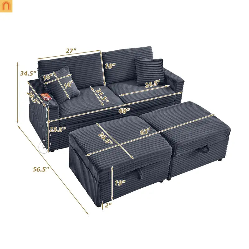 Sofa L-Shape Corduroy Dark Gray USB Charging Storage Ottoman