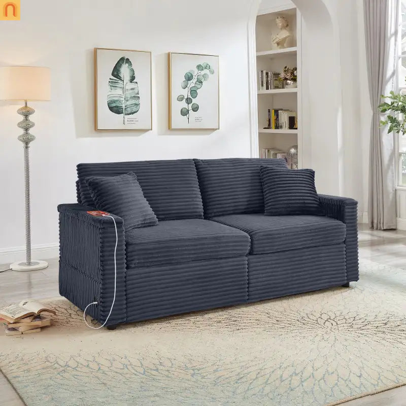 Sofa L-Shape Corduroy Dark Gray USB Charging Storage Ottoman