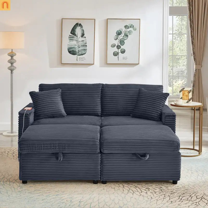 Sofa L-Shape Corduroy Dark Gray USB Charging Storage Ottoman