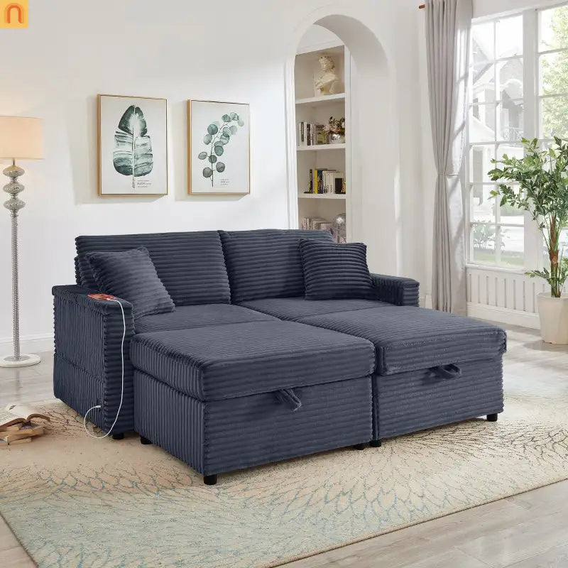 Sofa L-Shape Corduroy Dark Gray USB Charging Storage Ottoman