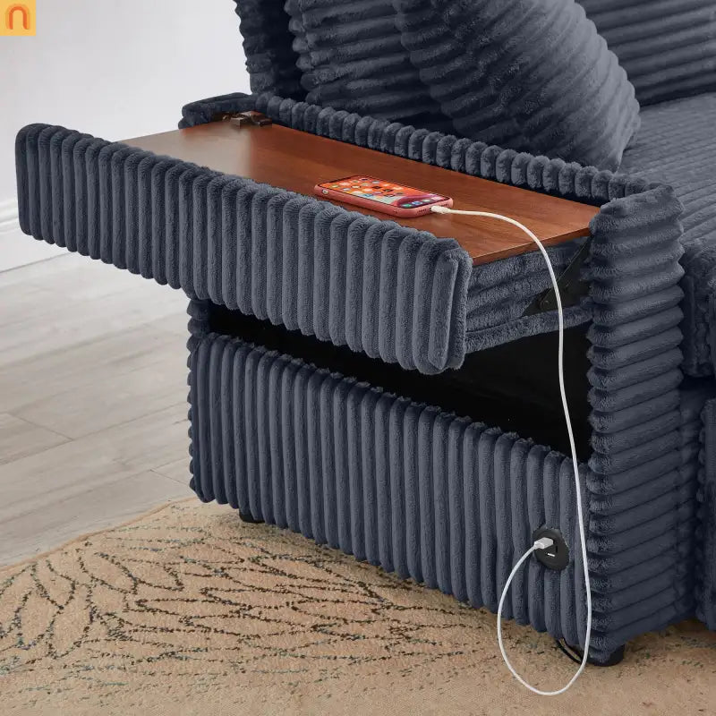 Sofa L-Shape Corduroy Dark Gray USB Charging Storage Ottoman