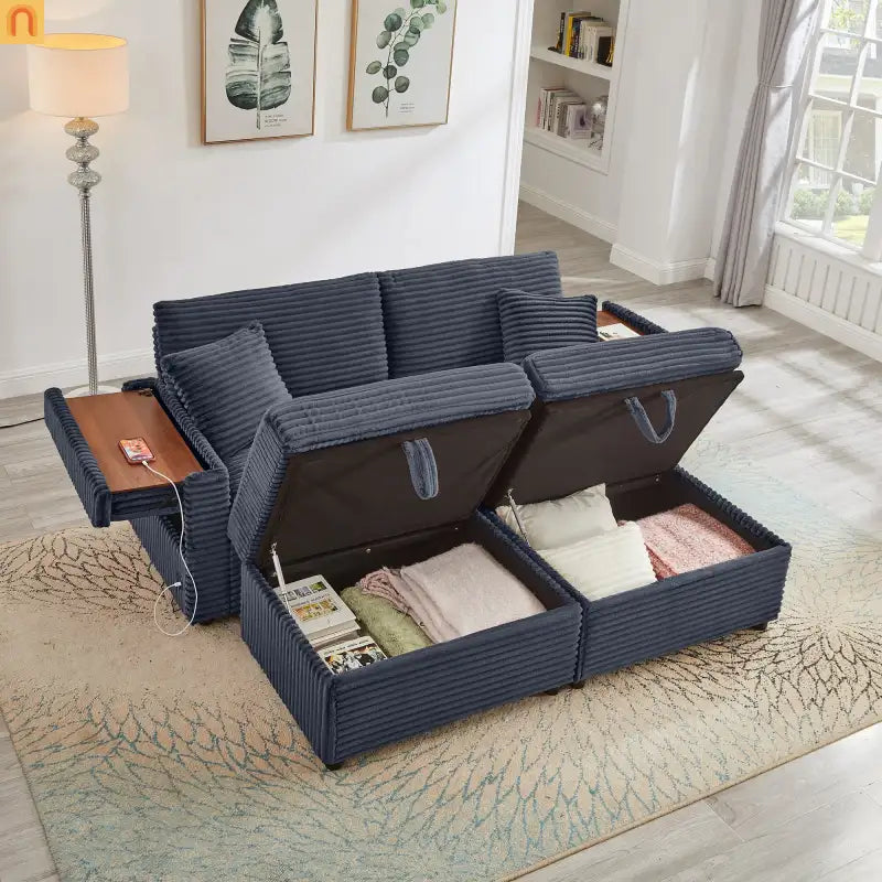 Sofa L-Shape Corduroy Dark Gray USB Charging Storage Ottoman