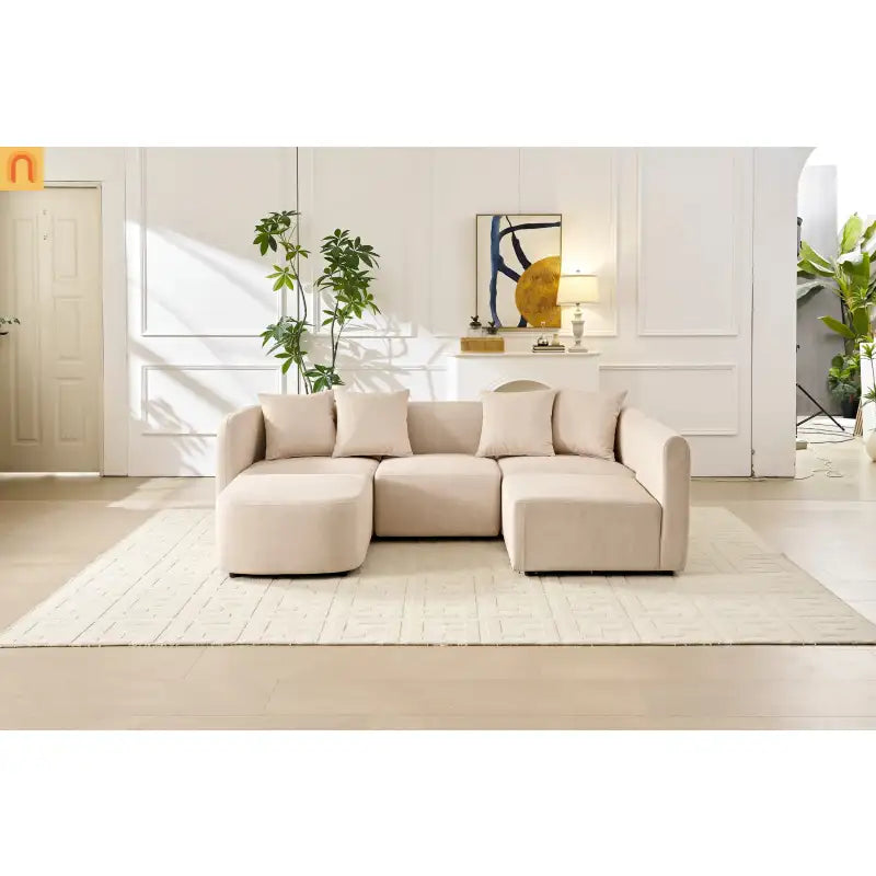 Sofa L-Shape Modular Velvet Beige 4-Seat Pocket Spring 118in