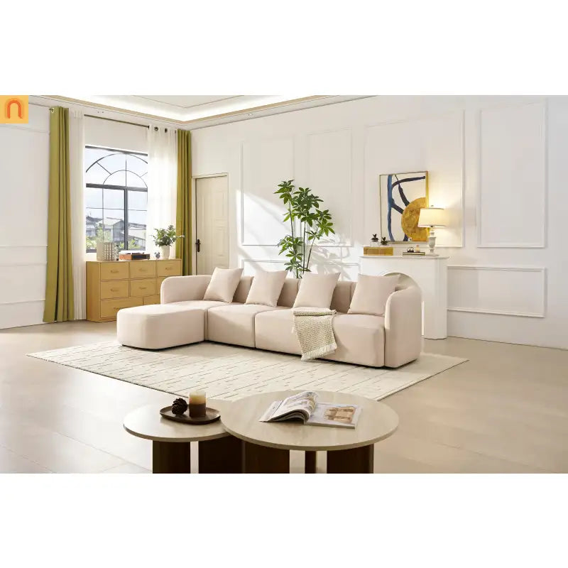 Sofa L-Shape Modular Velvet Beige 4-Seat Pocket Spring 118in