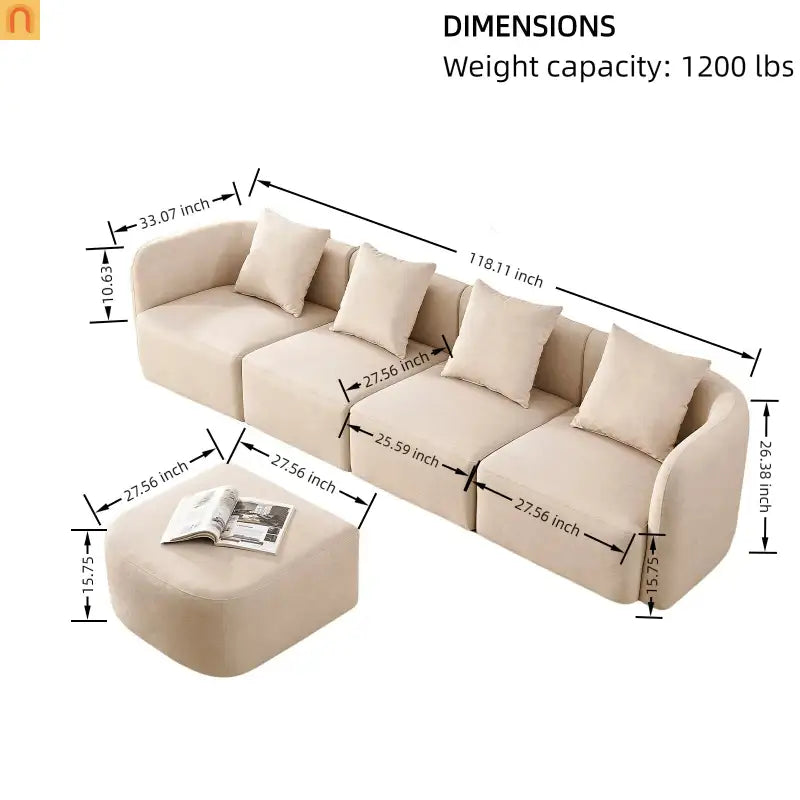 Sofa L-Shape Modular Velvet Beige 4-Seat Pocket Spring 118in