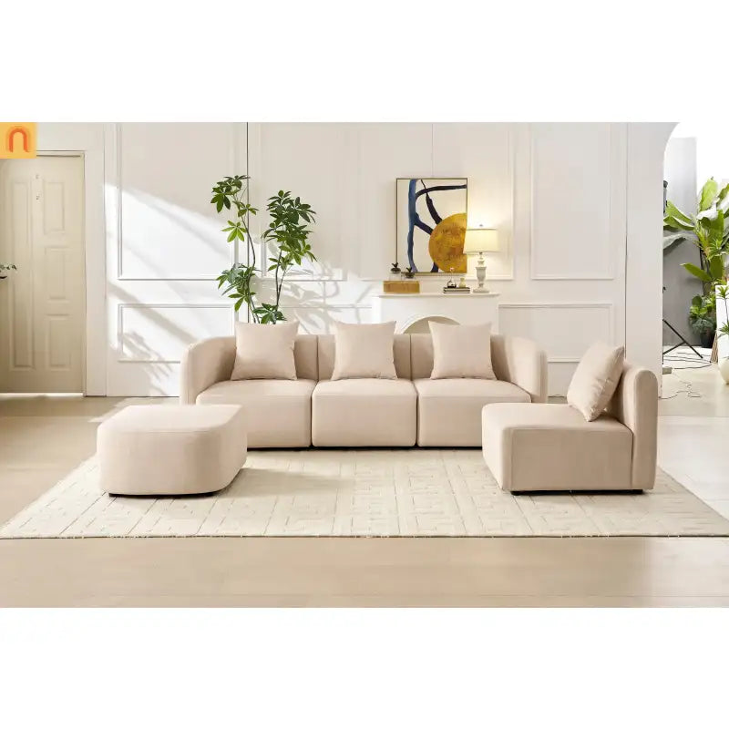 Sofa L-Shape Modular Velvet Beige 4-Seat Pocket Spring 118in