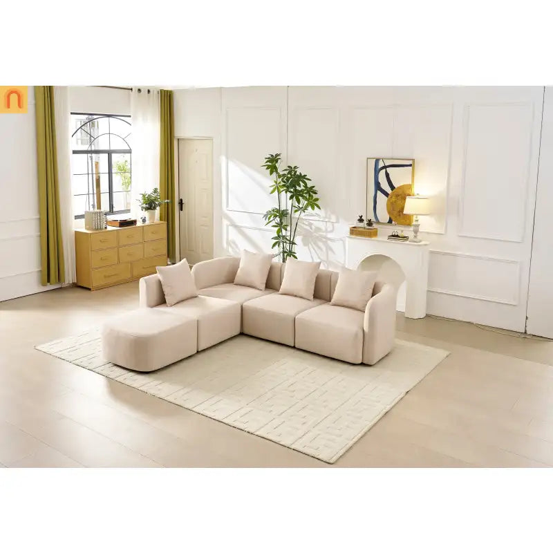 Sofa L-Shape Modular Velvet Beige 4-Seat Pocket Spring 118in