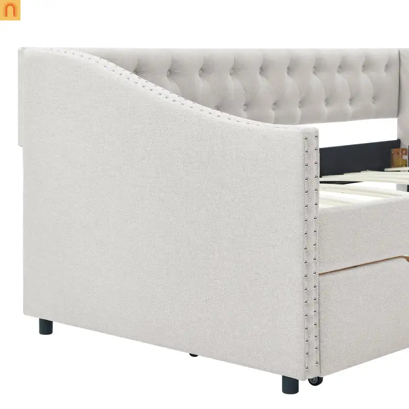 Daybed Twin Linen Beige Button Tufted Drawers 500 lb