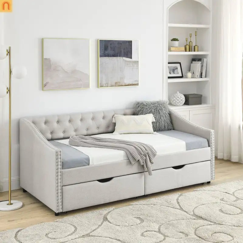 Daybed Twin Linen Beige Button Tufted Drawers 500 lb