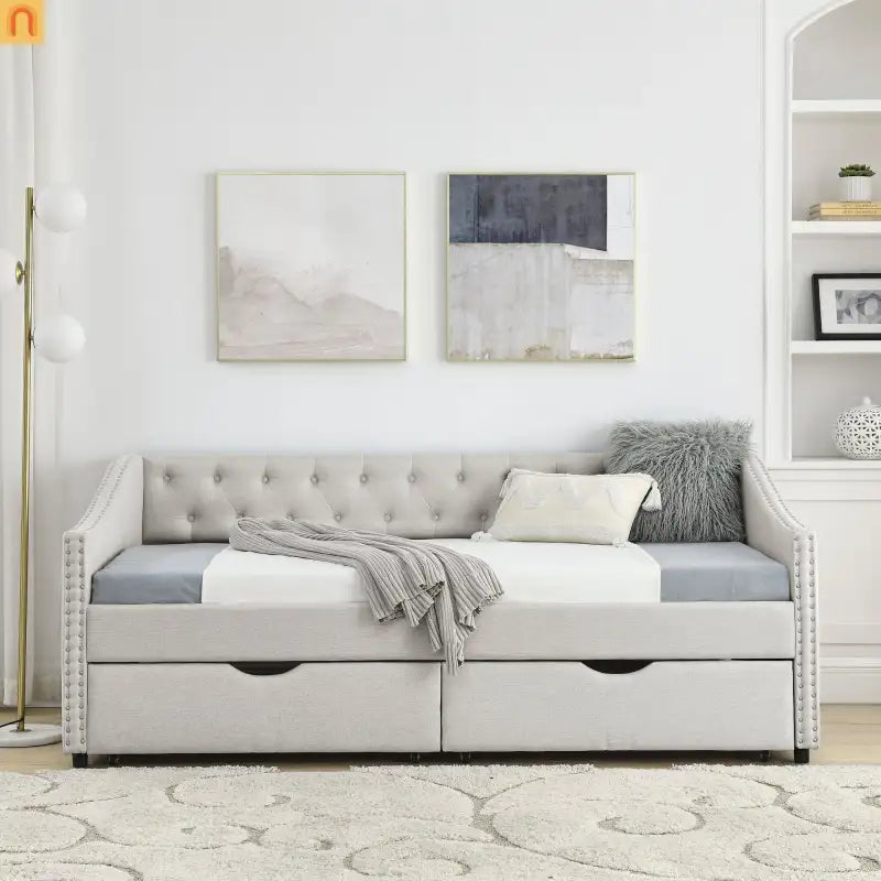 Daybed Twin Linen Beige Button Tufted Drawers 500 lb