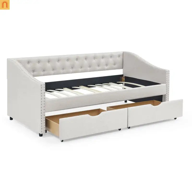 Daybed Twin Linen Beige Button Tufted Drawers 500 lb
