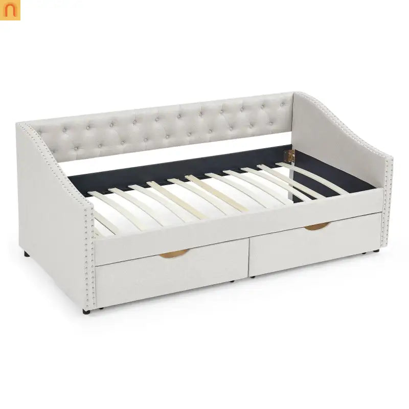 Daybed Twin Linen Beige Button Tufted Drawers 500 lb