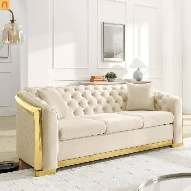 Loveseat Chesterfield Velvet Beige Tufted Gold Steel Accents