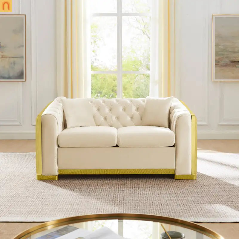 Loveseat Chesterfield Velvet Beige Tufted Gold Steel Accents