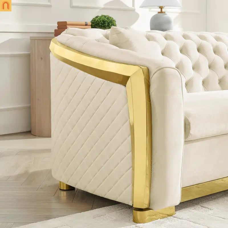 Loveseat Chesterfield Velvet Beige Tufted Gold Steel Accents