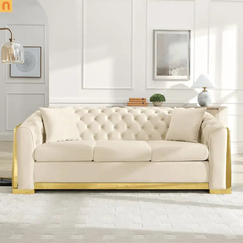 Loveseat Chesterfield Velvet Beige Tufted Gold Steel Accents