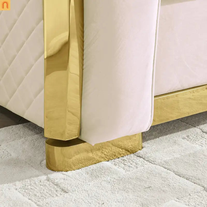 Loveseat Chesterfield Velvet Beige Tufted Gold Steel Accents