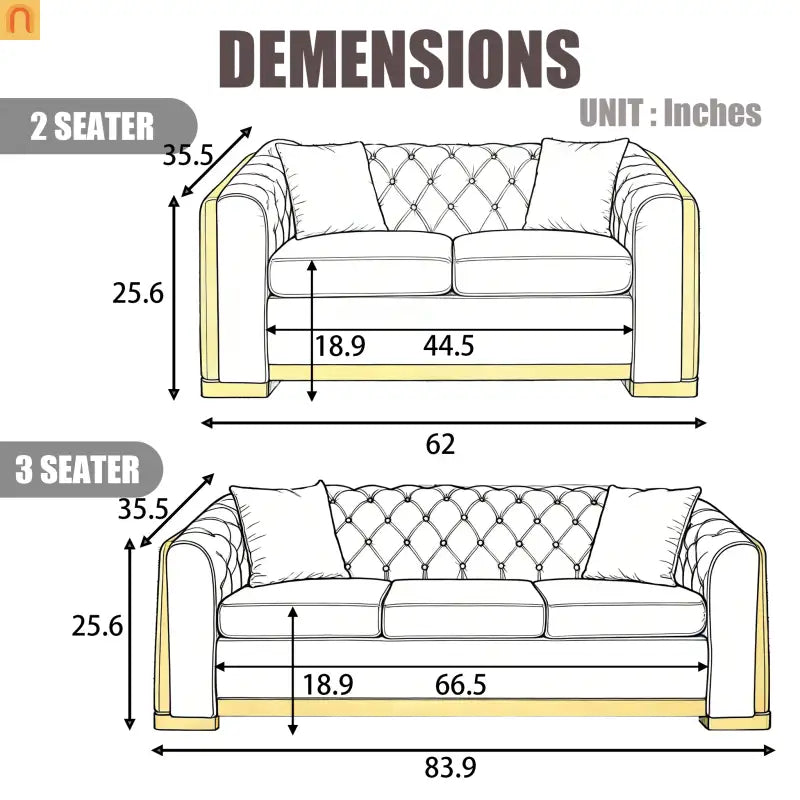 Loveseat Chesterfield Velvet Beige Tufted Gold Steel Accents