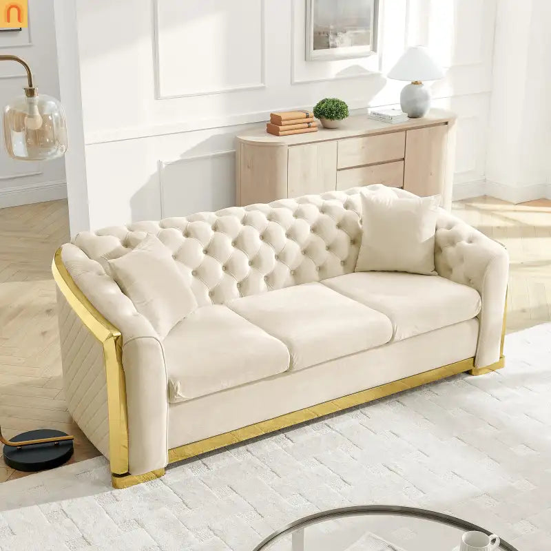 Loveseat Chesterfield Velvet Beige Tufted Gold Steel Accents