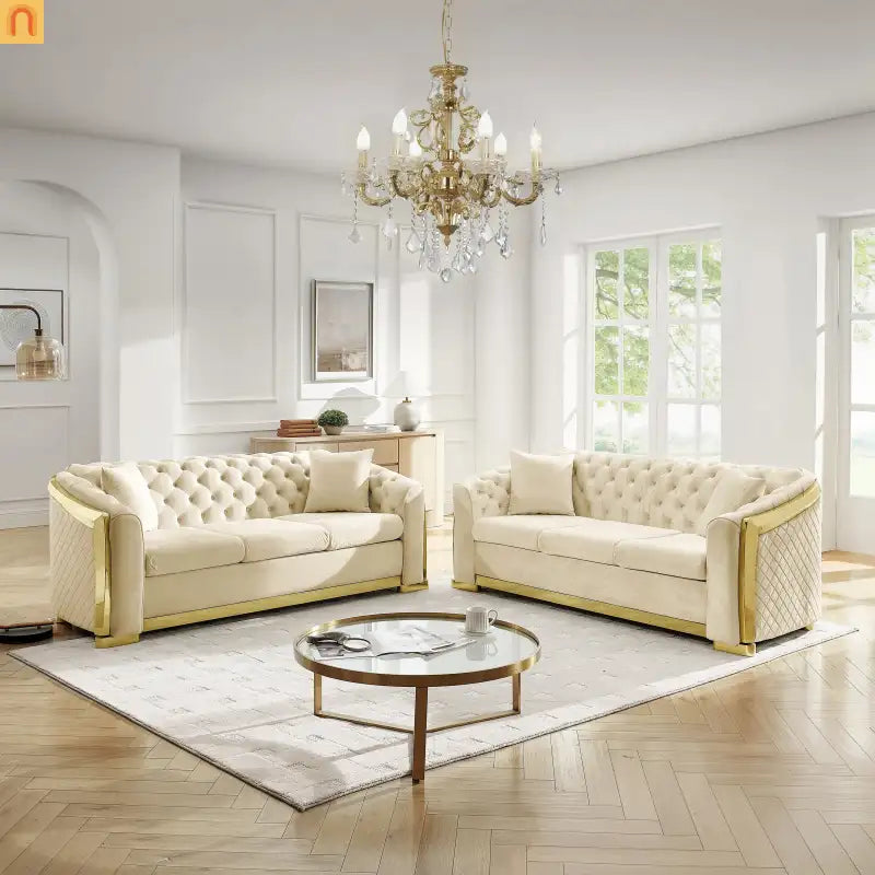 Loveseat Chesterfield Velvet Beige Tufted Gold Steel Accents