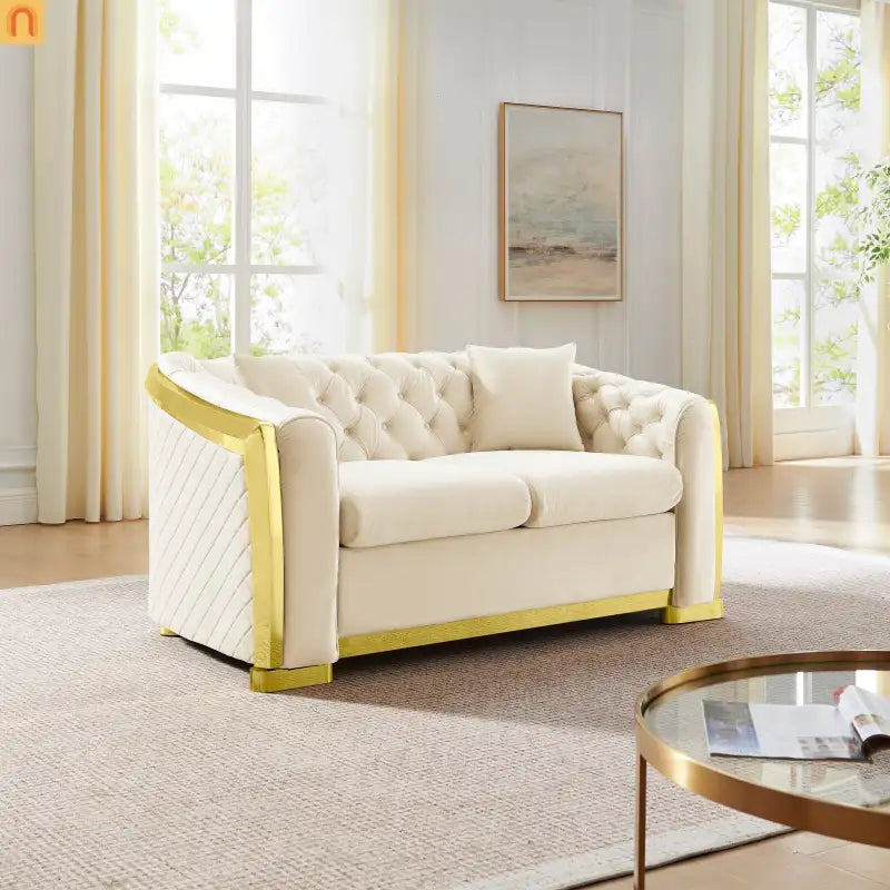 Loveseat Chesterfield Velvet Beige Tufted Gold Steel Accents