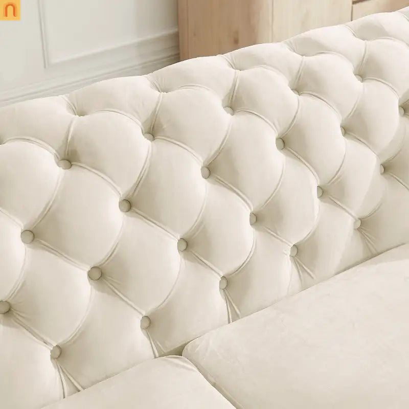Loveseat Chesterfield Velvet Beige Tufted Gold Steel Accents