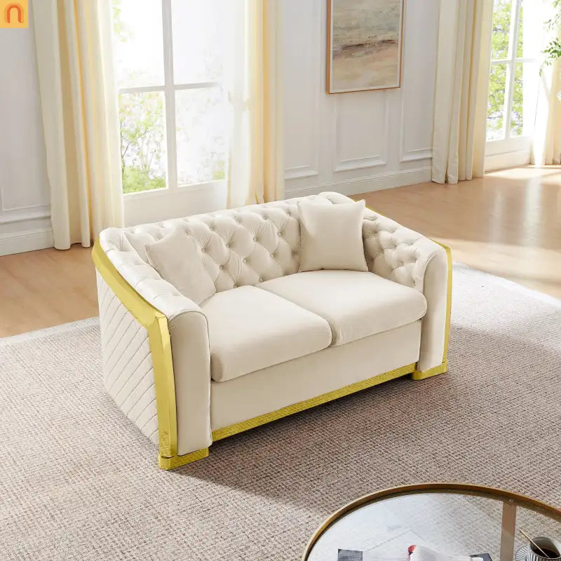 Loveseat Chesterfield Velvet Beige Tufted Gold Steel Accents