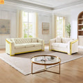 Loveseat Chesterfield Velvet Beige Tufted Gold Steel Accents