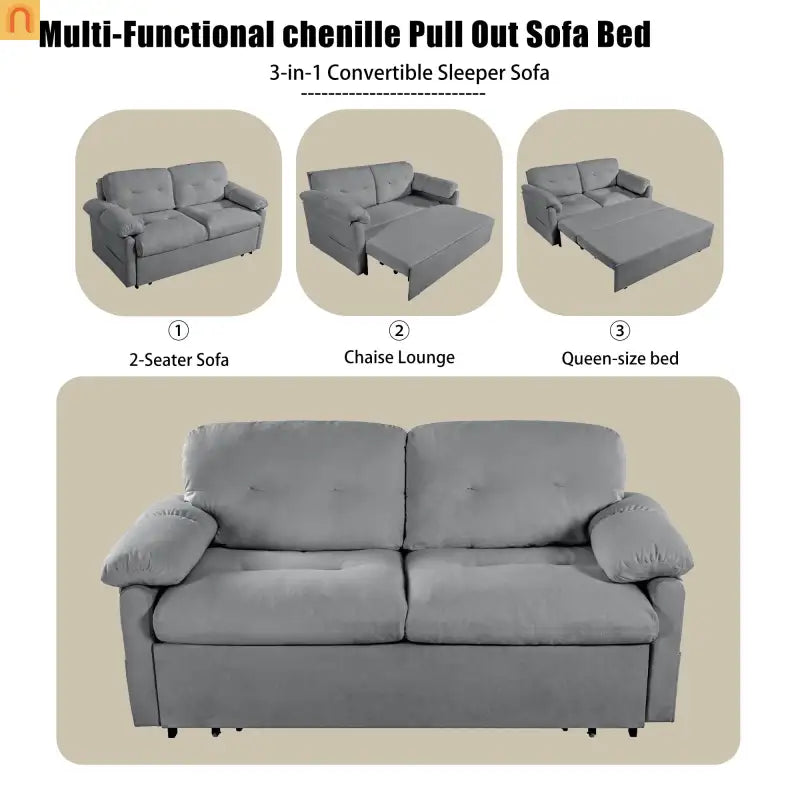 Sofa Bed Convertible Chenille Gray Queen Sleeper Storage Pockets 71in