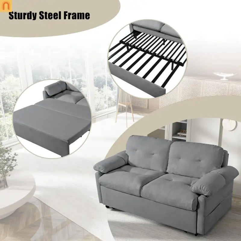Sofa Bed Convertible Chenille Gray Queen Sleeper Storage Pockets 71in